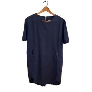 Korean Linen Blend Navy Minimalist Shift Dress